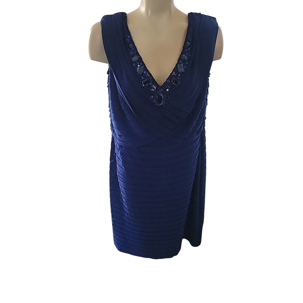ADRIENNE PAPELL Navy Blue Sleeveless‎ Dress Beaded V-Neck Ruched Cocktail Party